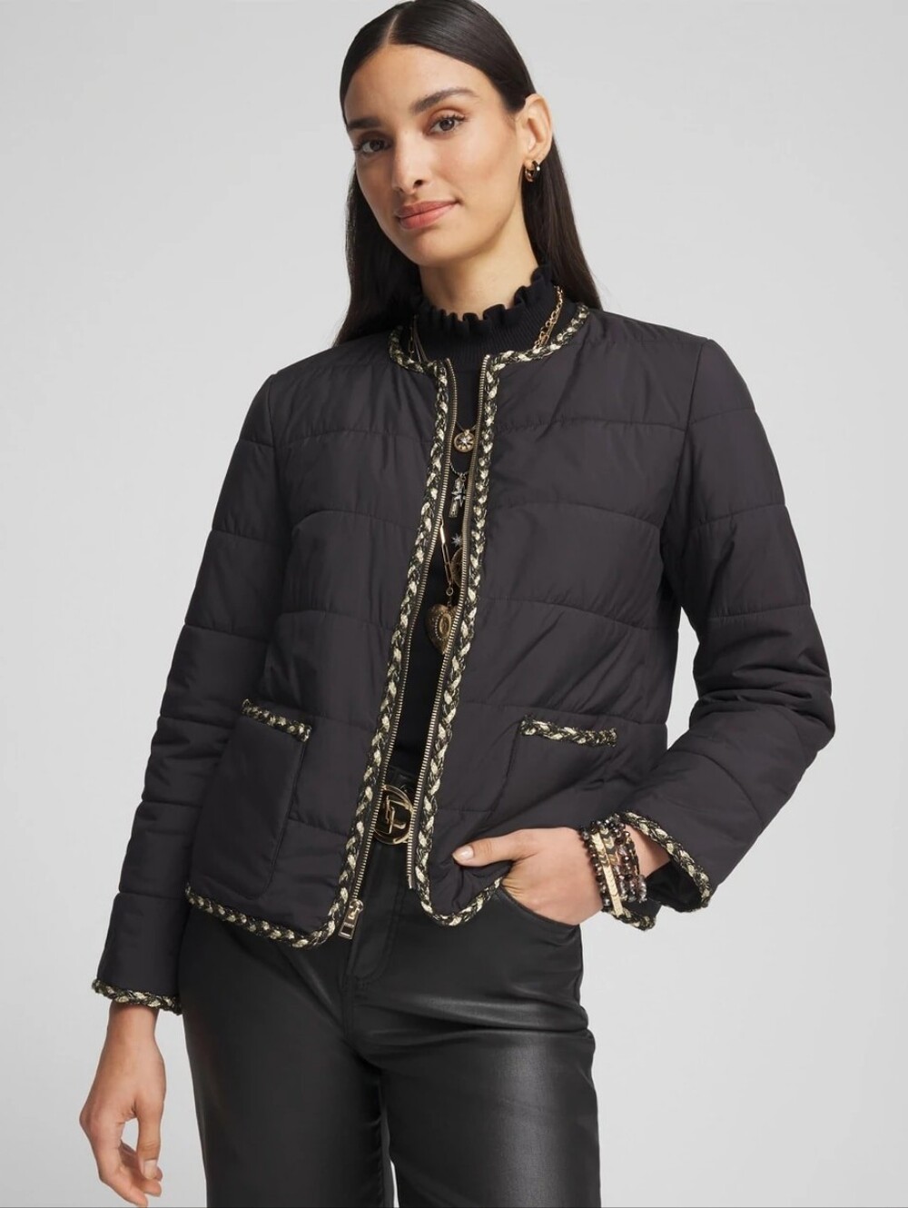 CHICO'S NWT Black Tweed Gold Trim Nylon Quilted Jacket Size 12